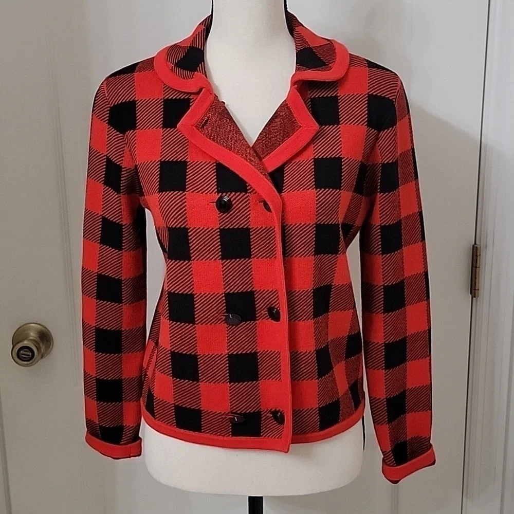 J. Crew Size Unknown Red & Black Buffalo Check / Plaid Double Breasted Cardigan